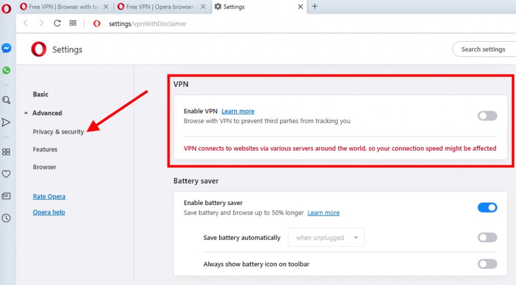 how to use opera VPN 2021