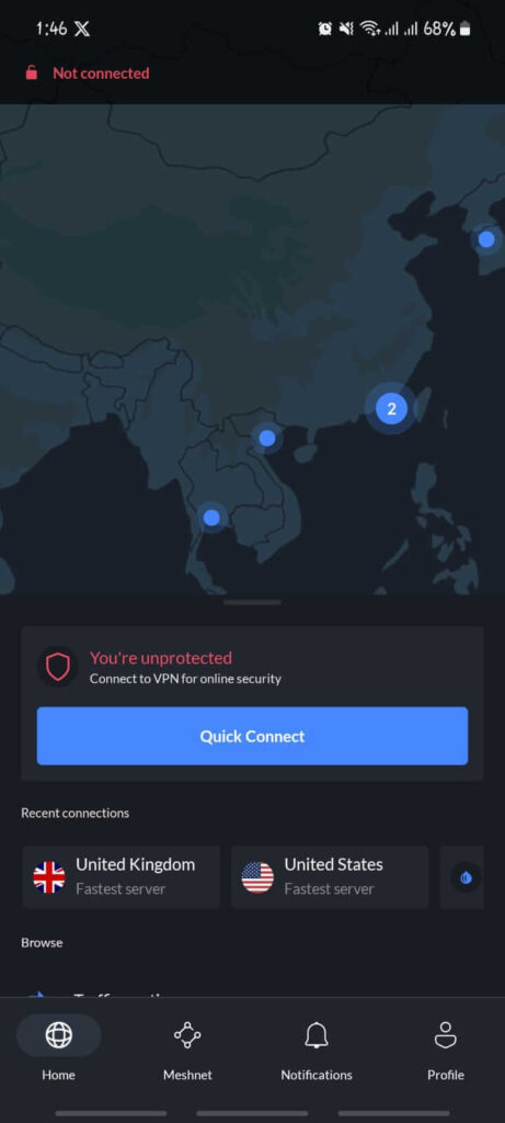 NordVPN Android app homepage