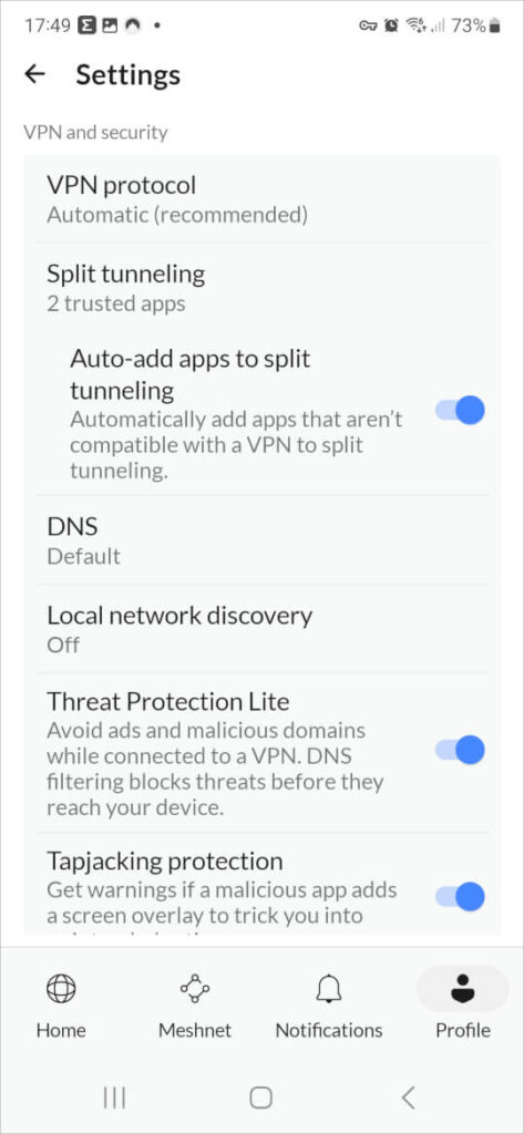 NordVPN app for Android - Settings
