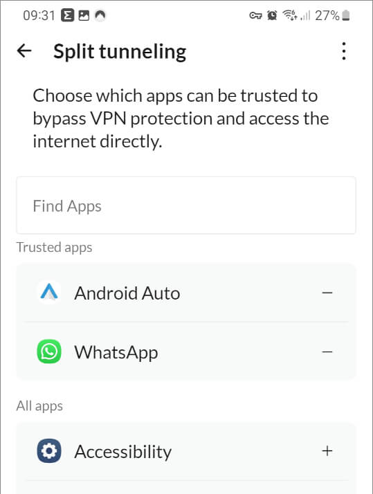 NordVPN Android select split tunneling applications
