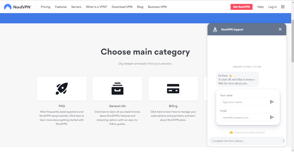 NordVPN Support center and 24/7 live chat support