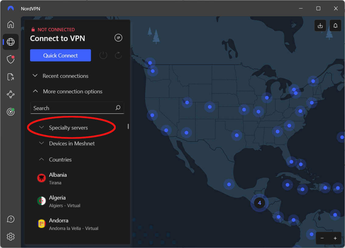 Search for a Specialty server location