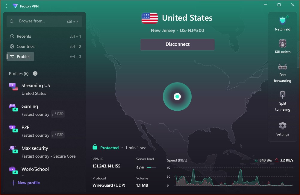 Screenshot of the Proton VPN Windows app interface in dark mode connected to a US server