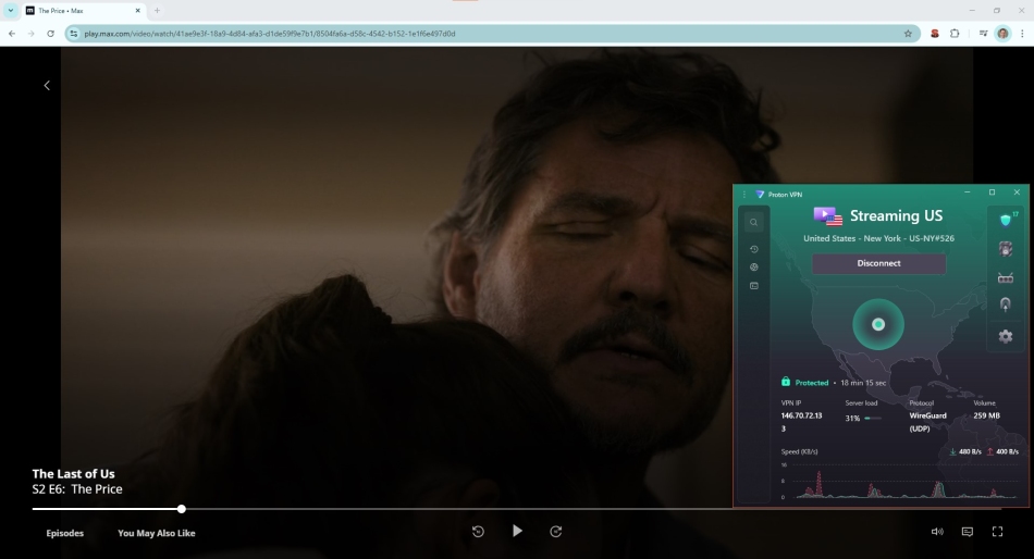 Screenshot of HBO Max streaming The Last of US with Proton VPN connected to a US server