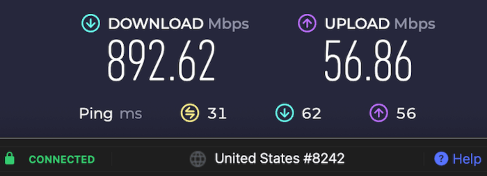 Screenshot of NordVPN speed test result with the Seattle server