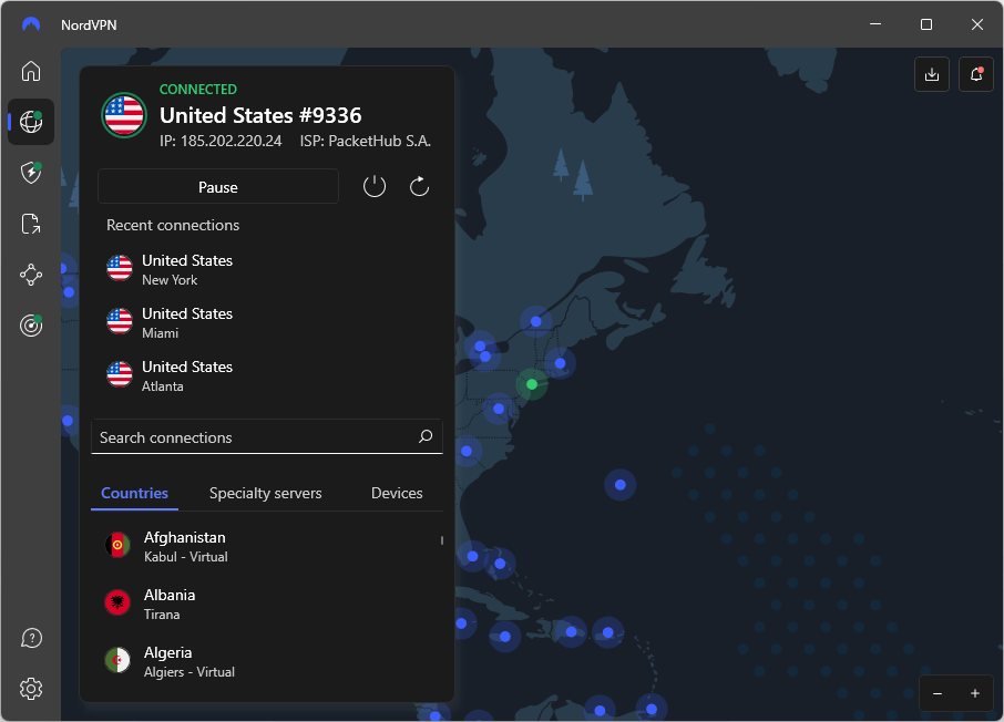 NordVPN connected to a New York server