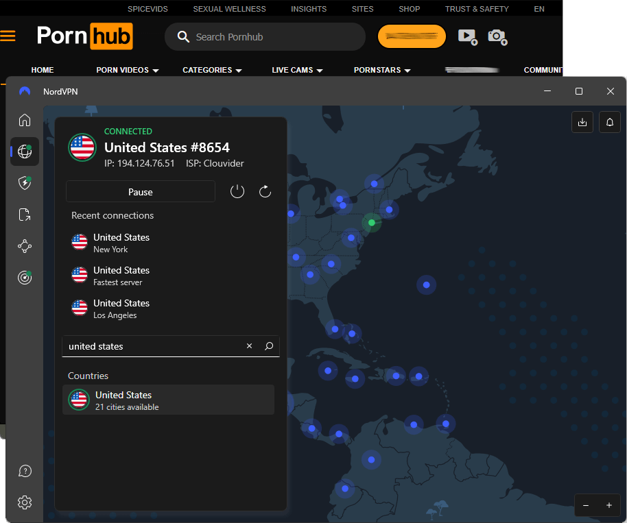 NordVPN connected to Pornhub through a New York server