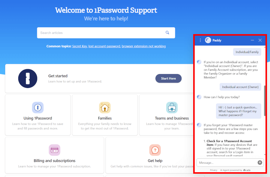 1Password support AI chat