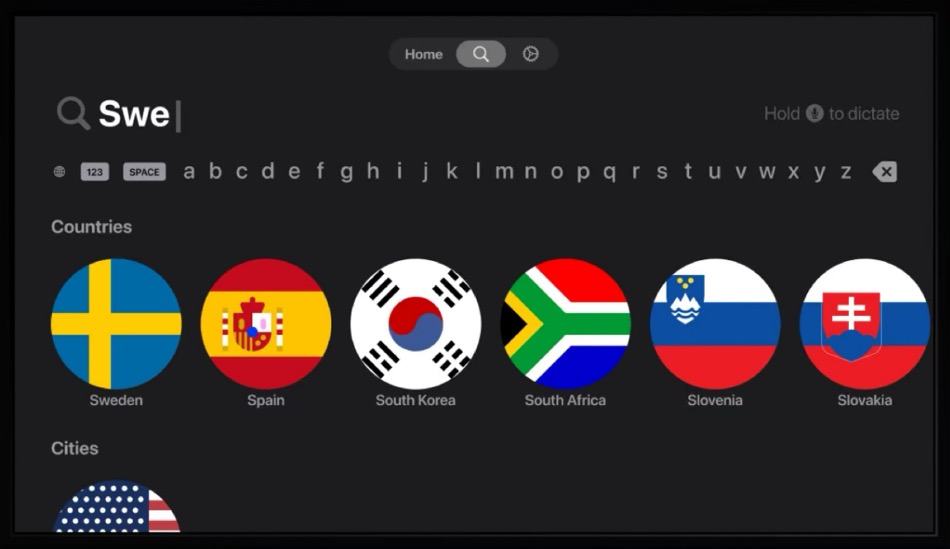 Screenshot of server selection on NordVPN's Apple TV app