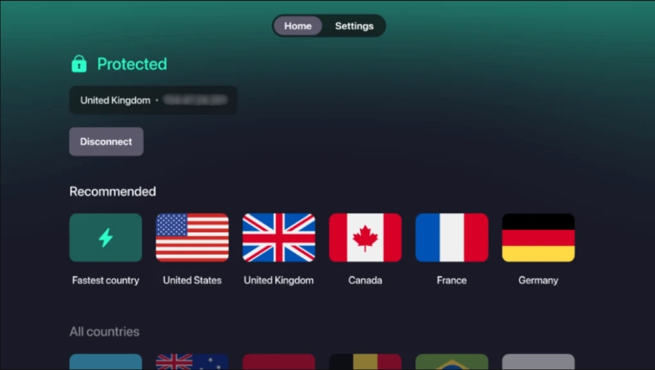 Screenshot of Proton VPN's Apple TV user interface