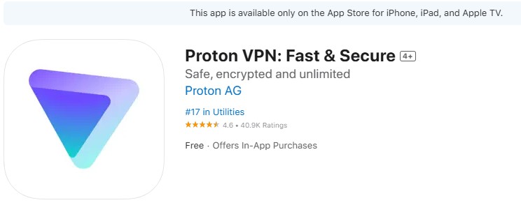 Screenshot of Proton VPN's app for Apple TV on Apple App Store