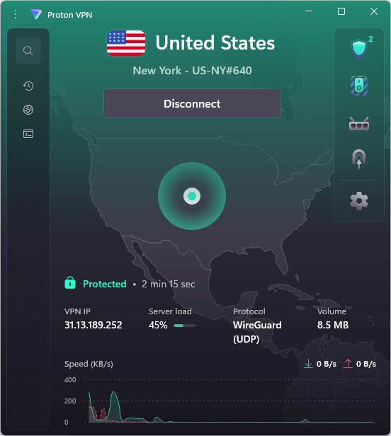 Proton VPN new UI - North Carolina