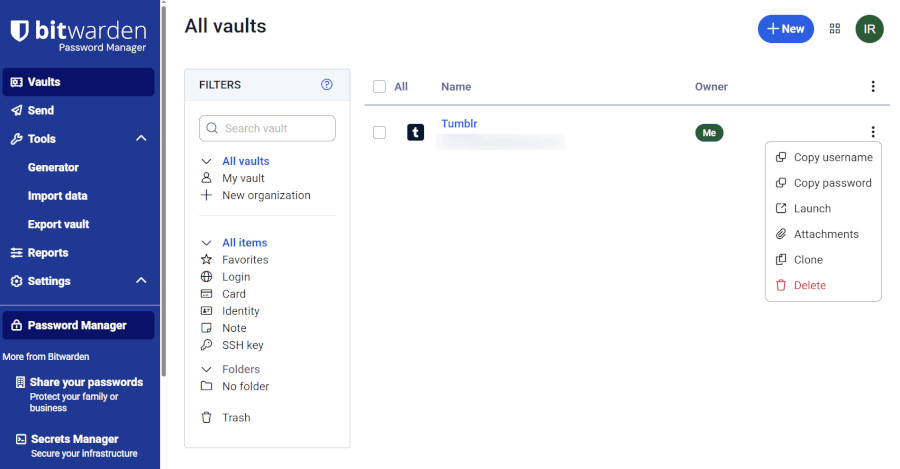 Bitwarden dashboard