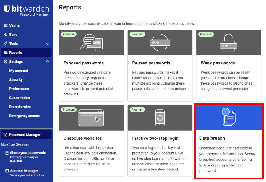 Bitwarden vault health reports