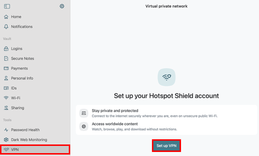 Dashlane set up VPN service