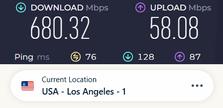Screenshot of ExpressVPN speed test result with WireGuard protocol connected to the Los Angeles server