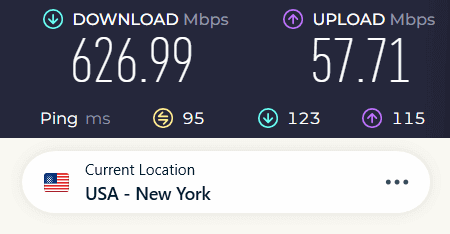 Screenshot of ExpressVPN speed test result with WireGuard protocol connected to the New York server