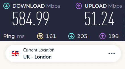 Screenshot of ExpressVPN speed test result with WireGuard protocol connected to the UK server