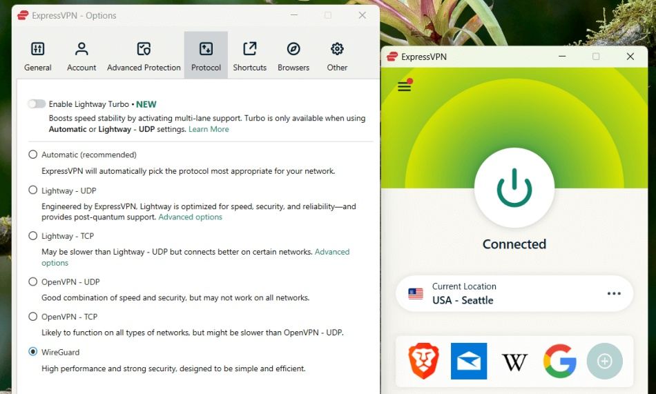 Screenshot of ExpressVPN's protocol selection settings menu