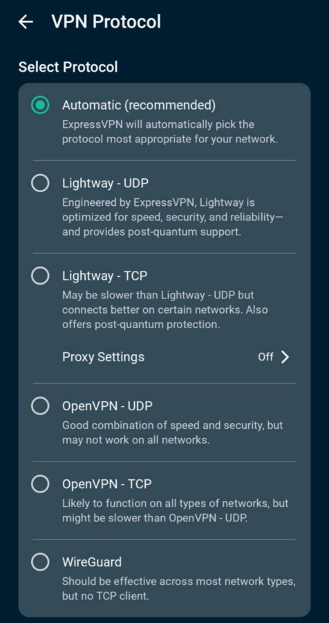 Screenshot of ExpressVPN's protocol selection on Android