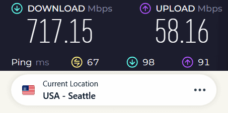 Screenshot of ExpressVPN speed test result with WireGuard protocol connected to the Seattle server