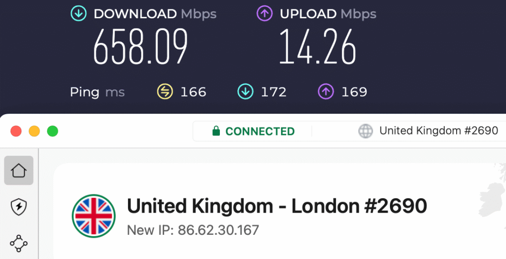 Screenshot of NordVPN speed test result while connected to a UK server