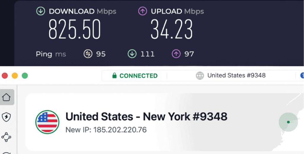 Screenshot of NordVPN speed test result while connected to a New York server