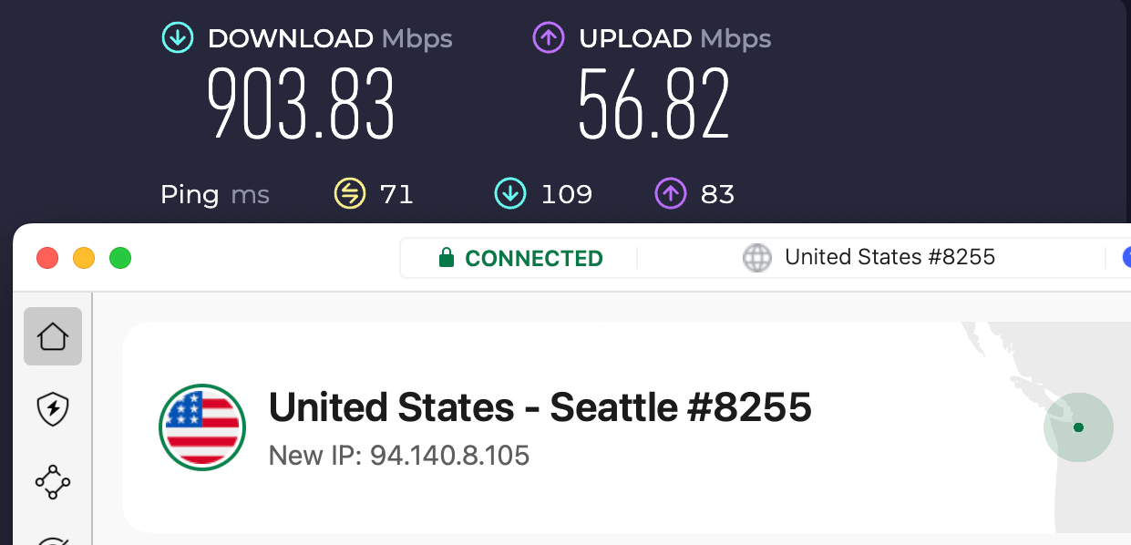 Screenshot of NordVPN speed test result while connected to a Seattle server