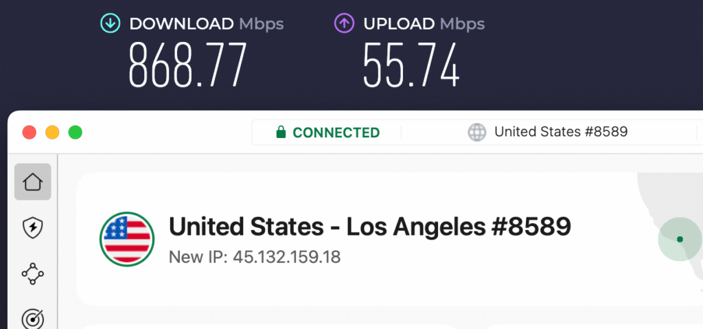 Screenshot of NordVPN speed test result while connected to a Los Angeles server