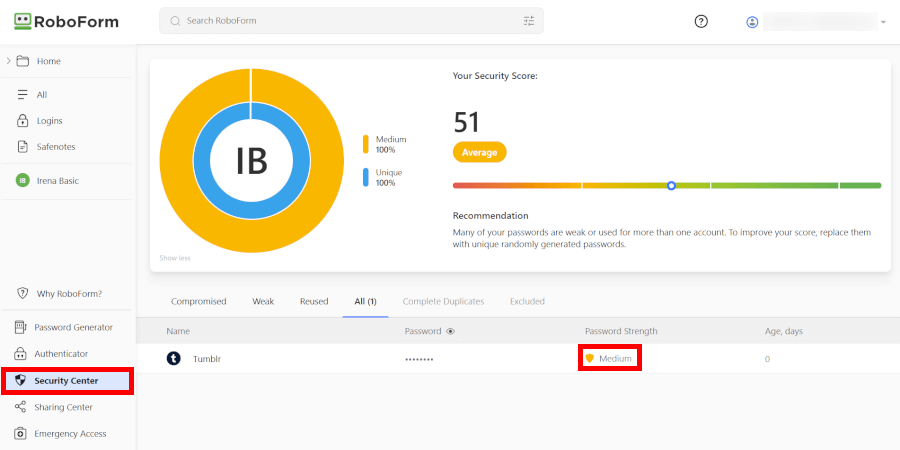 RoboForm security score