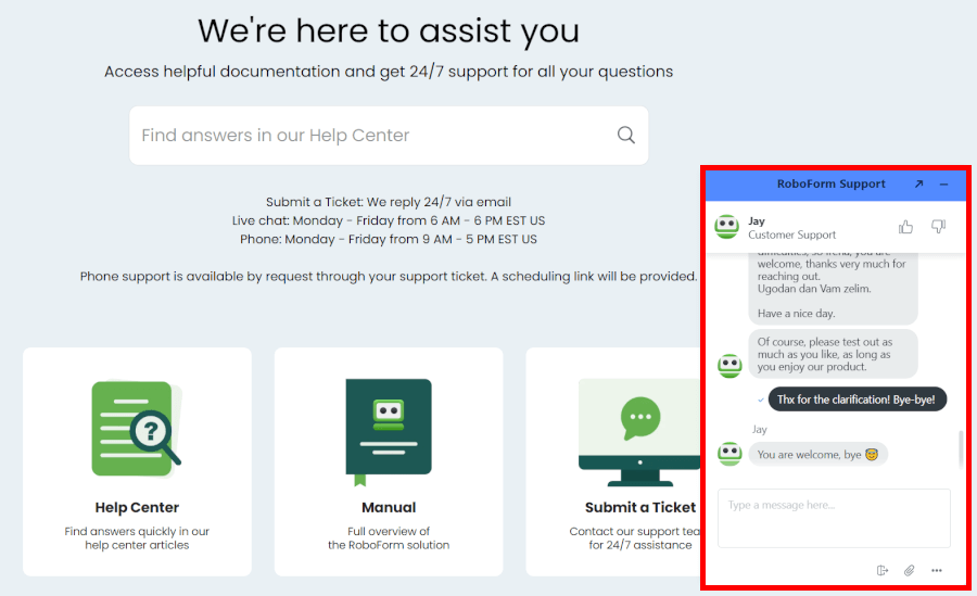 RoboForm support chat
