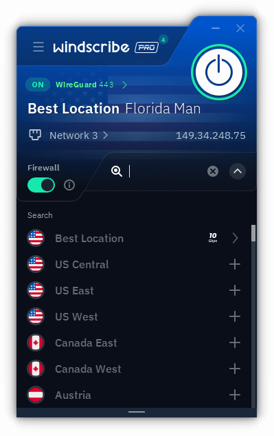 Windscribe app - select location