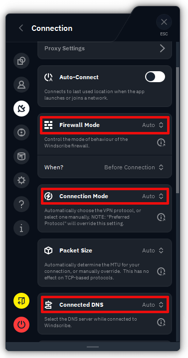 Windscribe connection settings
