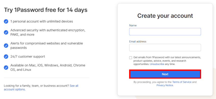 1Password sign up
