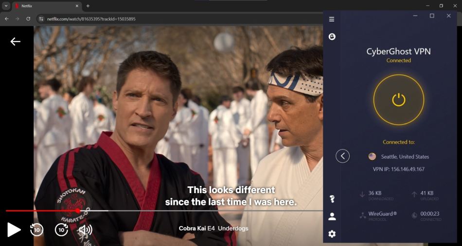 Screenshot of CyberGhost streaming Cobra Kai on Netflix