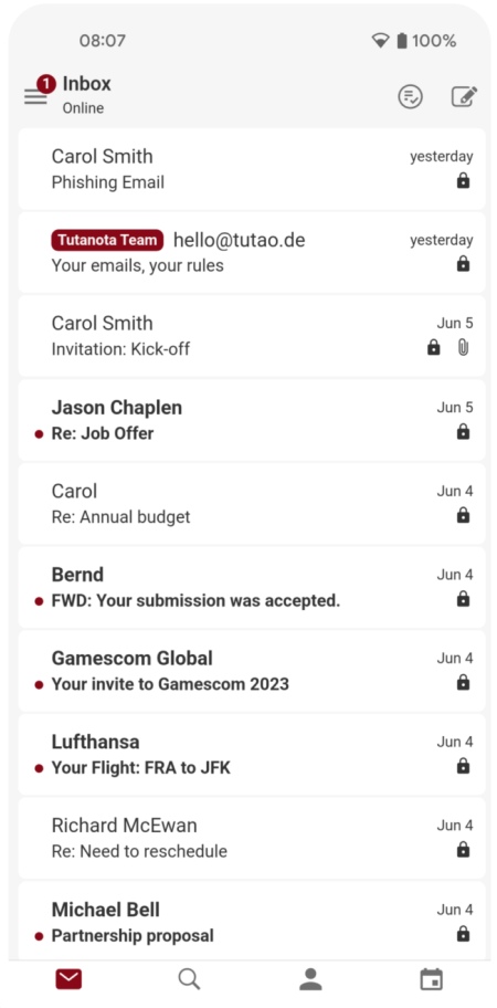 Screenshot of Tuta Mail's Android app