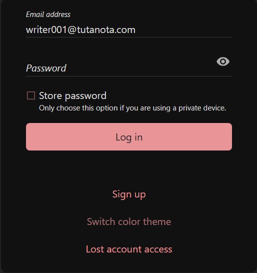 Tuta Mail login screen