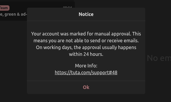 Screenshot of Tuta Mail signup approval