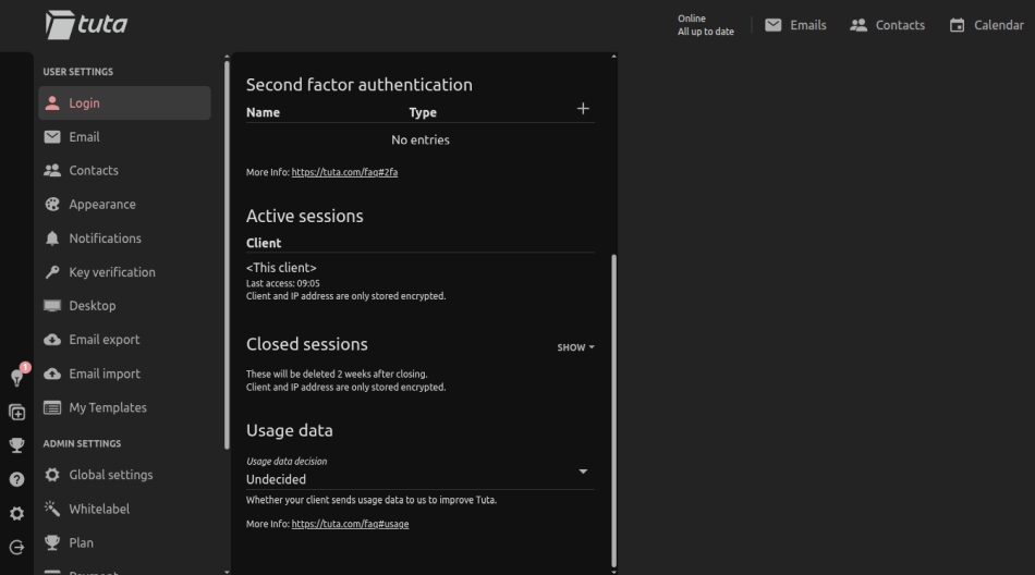 Screenshot of Tuta Mail two factor authentication