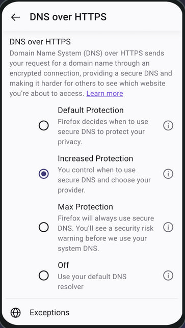Mozilla settings on Android for DNS over HTTPS