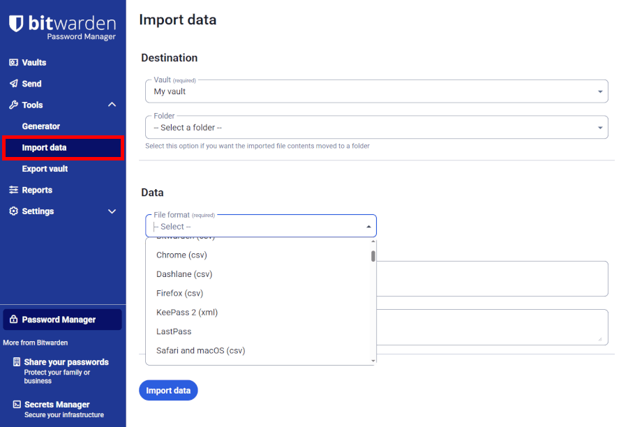 Bitwarden import data