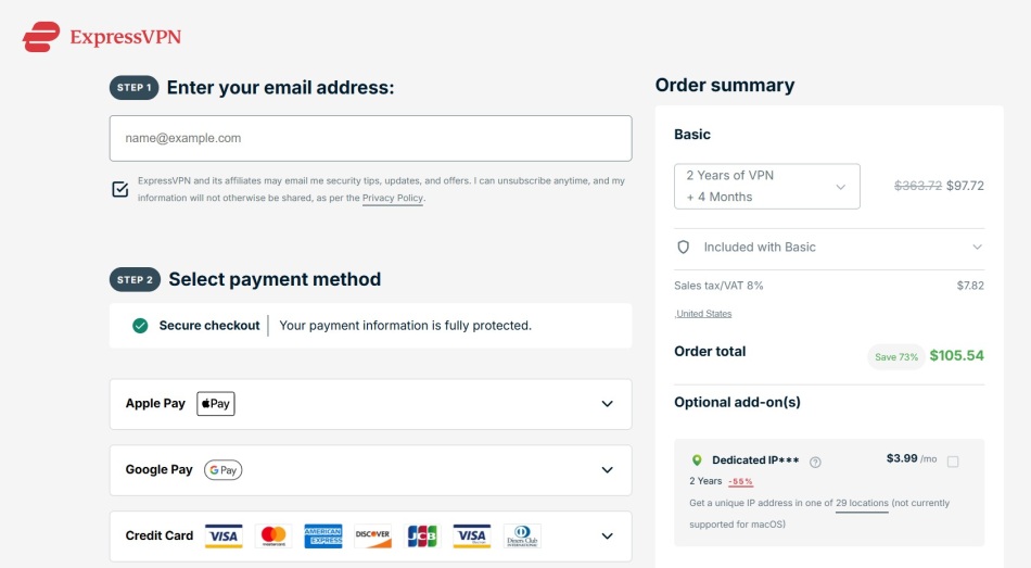 ExpressVPN checkout page