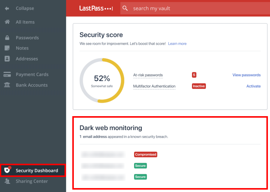 LastPass dark web monitoring