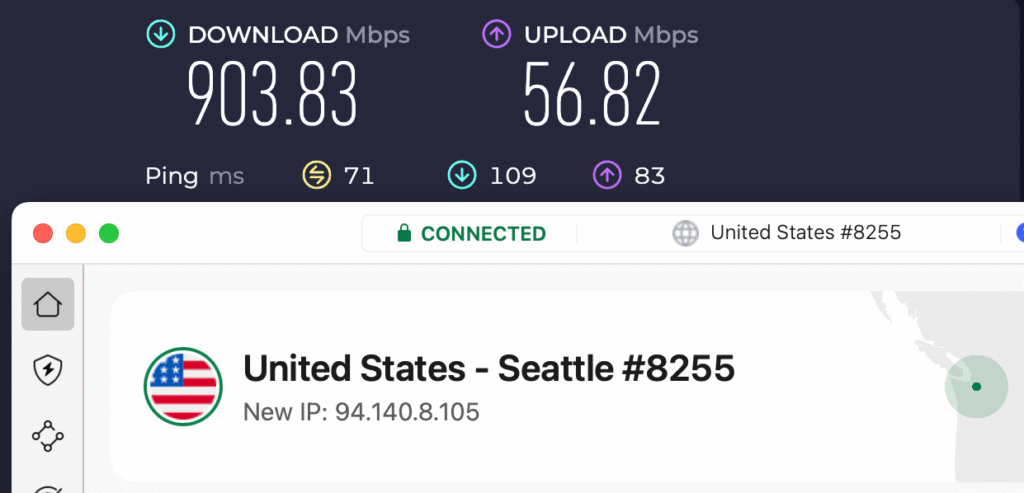 NordVPN speed test results with the Seattle server