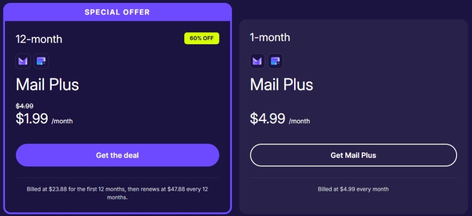 Screenshot of Proton Mail pricing