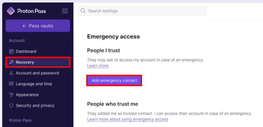 Proton Pass emergency access