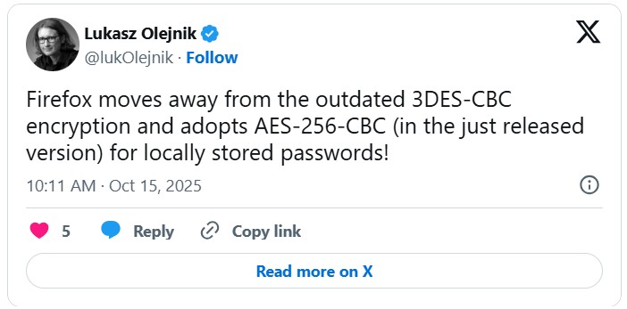 X post about Firefox encryption