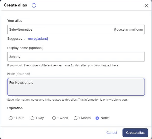 StartMail Create Alias