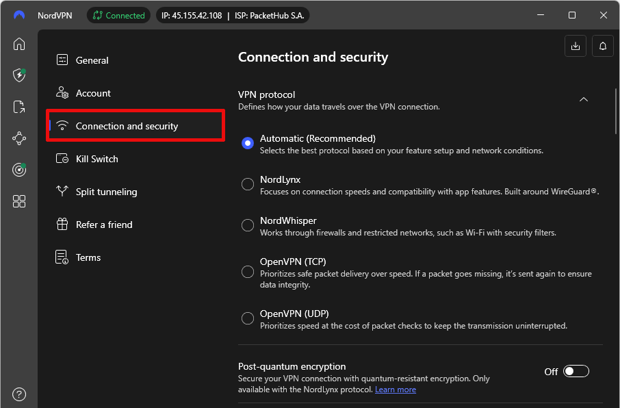 NordVPN select Connection